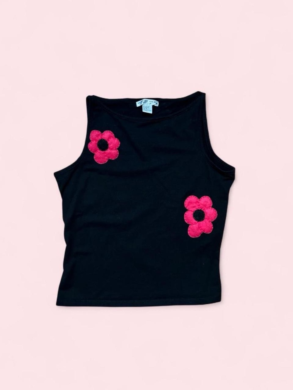 VTG Y2K Black Tank Top with Embroidered Pink Flowers